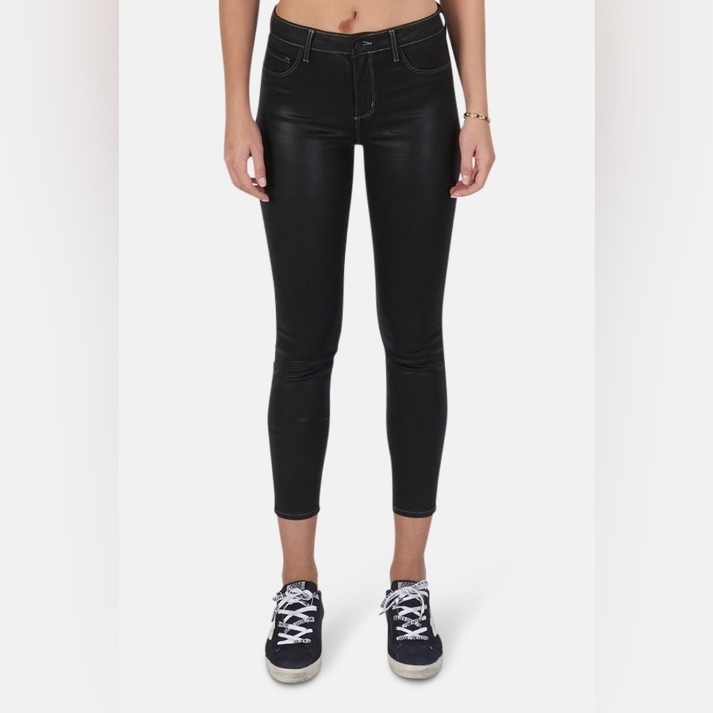 L'agence Noir Contrast Coated Black Margot High Rise Skinny Cropped Jeans Euc 26